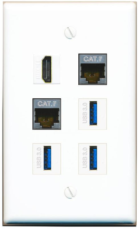  2 CAT7 HDMI 3 USB-3 Flat/Solid Wall Plate [White]