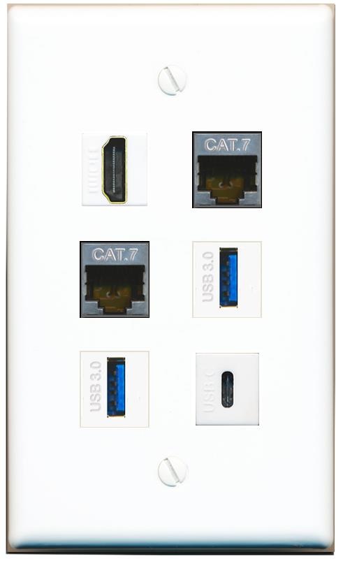  2 CAT7 HDMI 2 USB-3 USBC Flat/Solid Wall Plate [White]