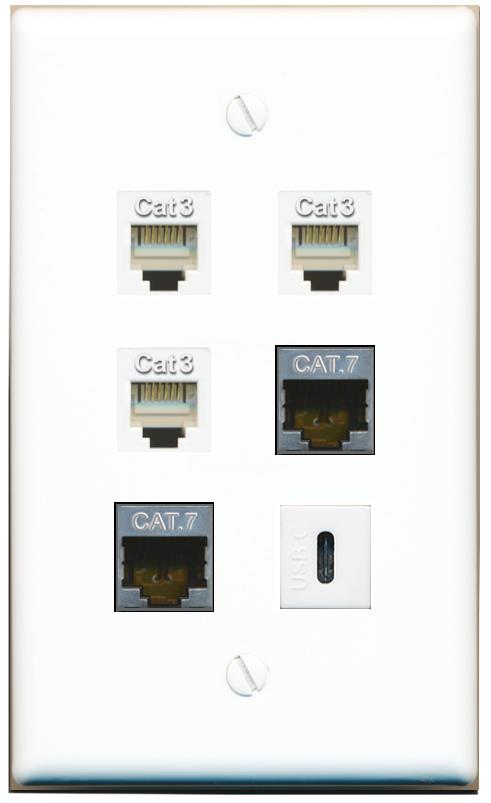  2 CAT7 3 PHONE USBC Flat/Solid Wall Plate [White]