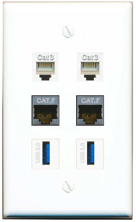  2 CAT7 2 PHONE 2 USB-3 Flat/Solid Wall Plate [White]