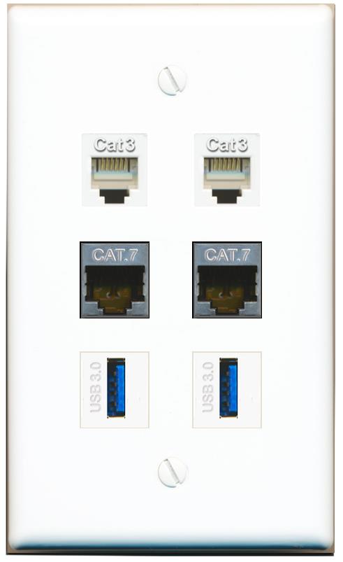 2 CAT7 2 PHONE 2 USB-3 Flat/Solid Wall Plate [White]