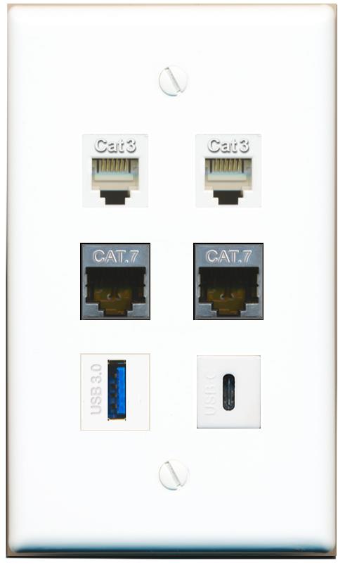  2 CAT7 2 PHONE USB-3 USBC Flat/Solid Wall Plate [White]