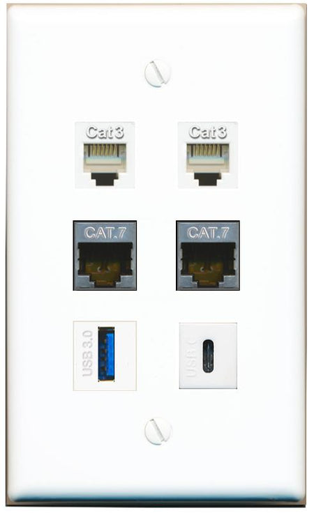  2 CAT7 2 PHONE USB-3 USBC Flat/Solid Wall Plate [White]