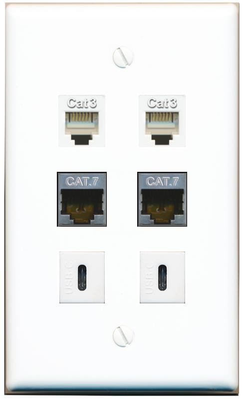  2 CAT7 2 PHONE 2 USBC Flat/Solid Wall Plate [White]