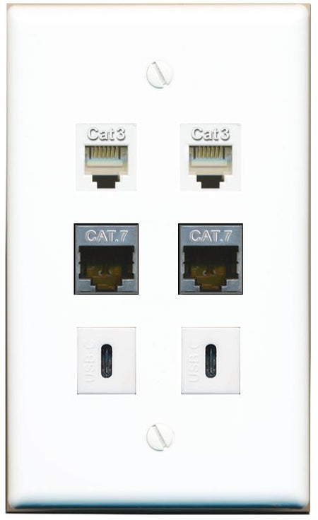  2 CAT7 2 PHONE 2 USBC Flat/Solid Wall Plate [White]