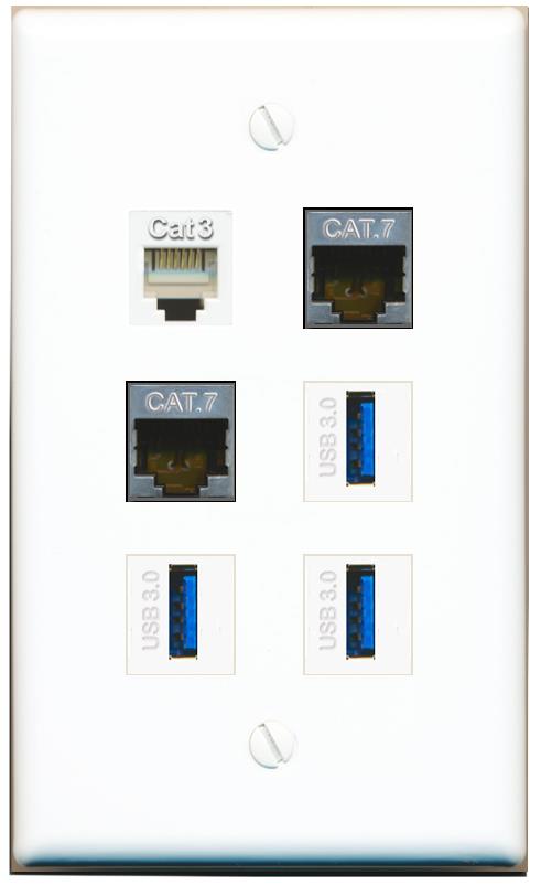  2 CAT7 PHONE 3 USB-3 Flat/Solid Wall Plate [White]