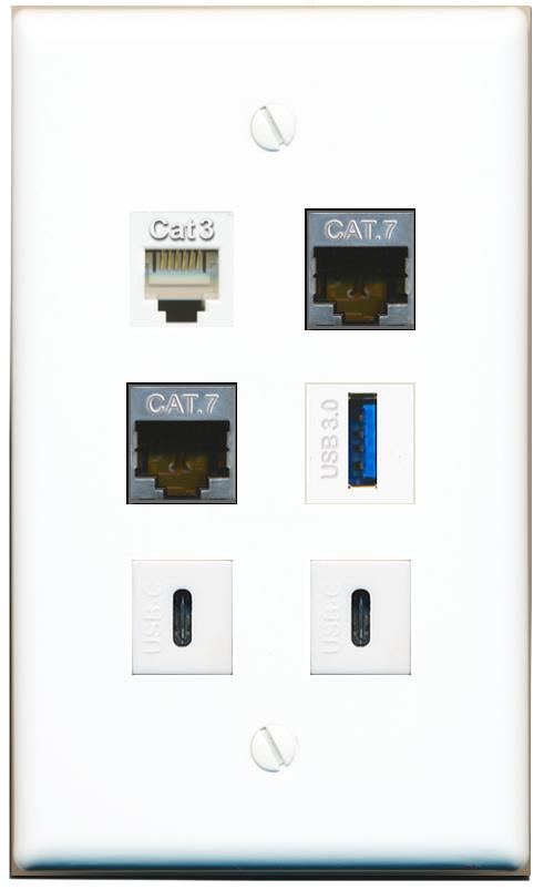  2 CAT7 PHONE USB-3 2 USBC Flat/Solid Wall Plate [White]