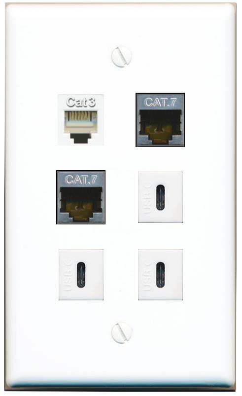  2 CAT7 PHONE 3 USBC Flat/Solid Wall Plate [White]