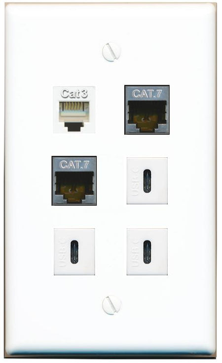  2 CAT7 PHONE 3 USBC Flat/Solid Wall Plate [White]