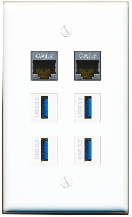  2 CAT7 4 USB-3 Flat/Solid Wall Plate [White]