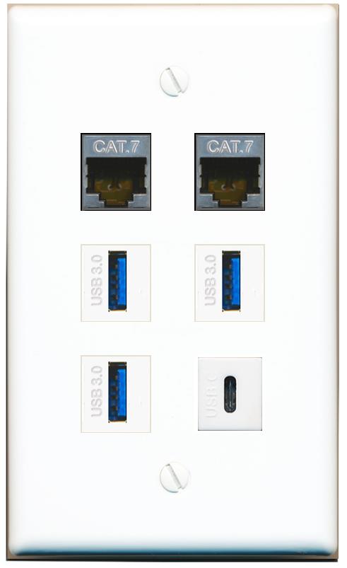  2 CAT7 3 USB-3 USBC Flat/Solid Wall Plate [White]