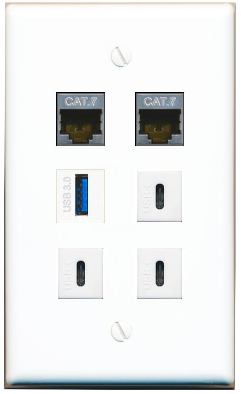  2 CAT7 USB-3 3 USBC Flat/Solid Wall Plate [White]