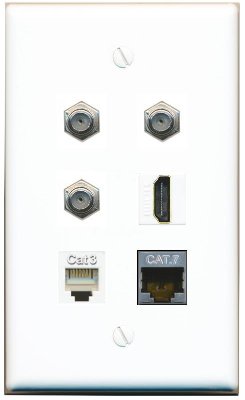  CAT7 3 COAX HDMI PHONE Flat/Solid Wall Plate [White]