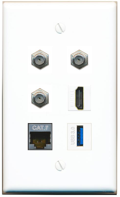  CAT7 3 COAX HDMI USB-3 Flat/Solid Wall Plate [White]