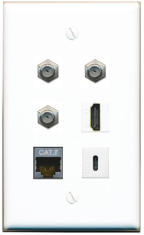  CAT7 3 COAX HDMI USBC Flat/Solid Wall Plate [White]