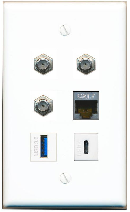  CAT7 3 COAX USB-3 USBC Flat/Solid Wall Plate [White]