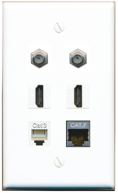  CAT7 2 COAX 2 HDMI PHONE Flat/Solid Wall Plate [White]