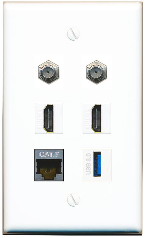  CAT7 2 COAX 2 HDMI USB-3 Flat/Solid Wall Plate [White]