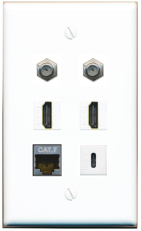  CAT7 2 COAX 2 HDMI USBC Flat/Solid Wall Plate [White]