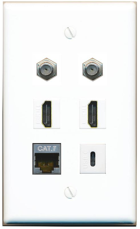  CAT7 2 COAX 2 HDMI USBC Flat/Solid Wall Plate [White]