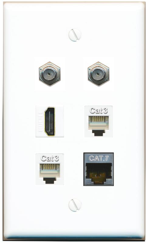  CAT7 2 COAX HDMI 2 PHONE Flat/Solid Wall Plate [White]
