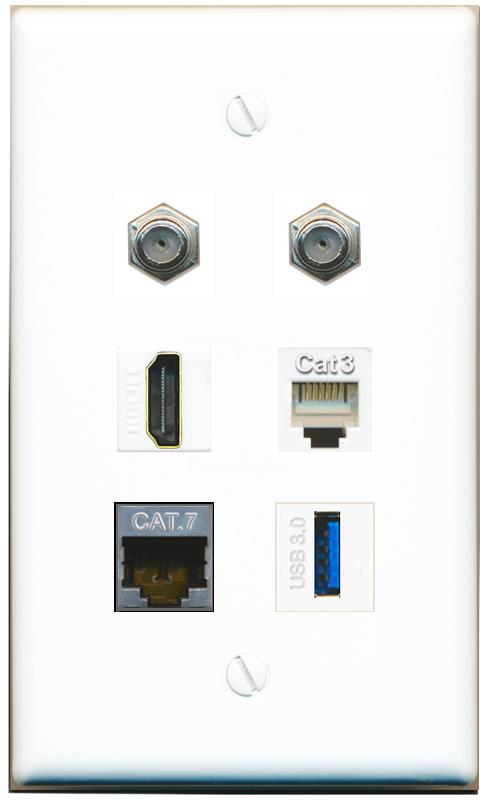  CAT7 2 COAX HDMI PHONE USB-3 Flat/Solid Wall Plate [White]