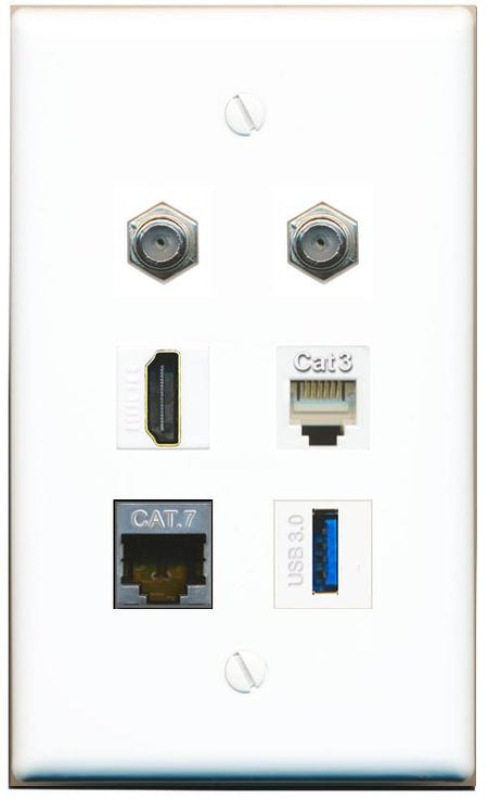  CAT7 2 COAX HDMI PHONE USB-3 Flat/Solid Wall Plate [White]