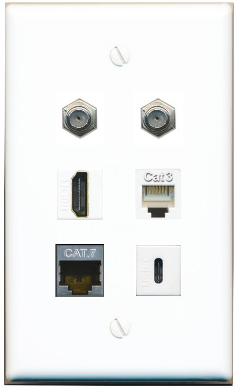  CAT7 2 COAX HDMI PHONE USBC Flat/Solid Wall Plate [White]