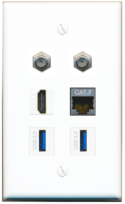  CAT7 2 COAX HDMI 2 USB-3 Flat/Solid Wall Plate [White]