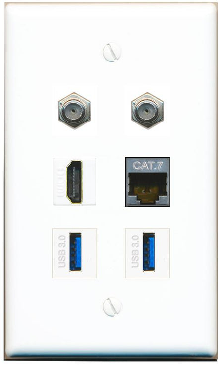  CAT7 2 COAX HDMI 2 USB-3 Flat/Solid Wall Plate [White]