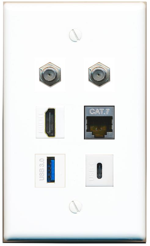  CAT7 2 COAX HDMI USB-3 USBC Flat/Solid Wall Plate [White]