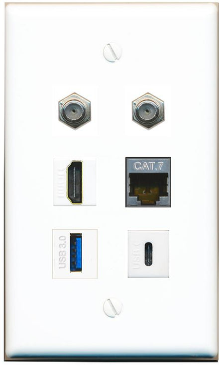  CAT7 2 COAX HDMI USB-3 USBC Flat/Solid Wall Plate [White]