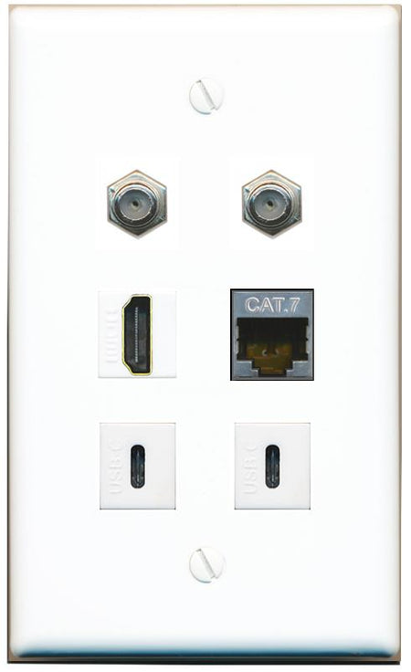  CAT7 2 COAX HDMI 2 USBC Flat/Solid Wall Plate [White]