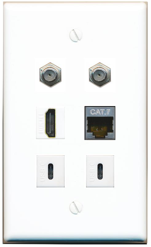  CAT7 2 COAX HDMI 2 USBC Flat/Solid Wall Plate [White]