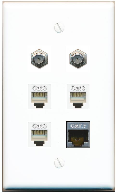  CAT7 2 COAX 3 PHONE Flat/Solid Wall Plate [White]