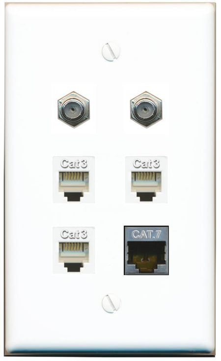  CAT7 2 COAX 3 PHONE Flat/Solid Wall Plate [White]