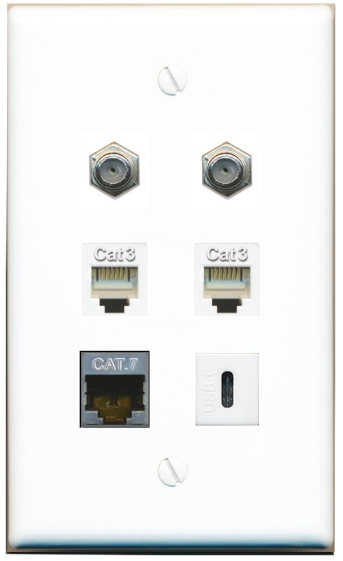  CAT7 2 COAX 2 PHONE USBC Flat/Solid Wall Plate [White]