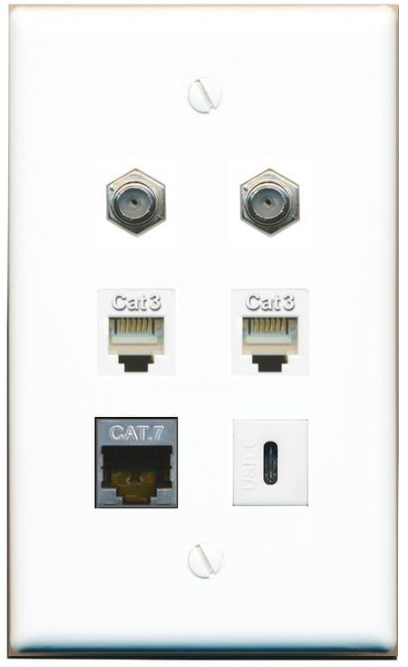  CAT7 2 COAX 2 PHONE USBC Flat/Solid Wall Plate [White]