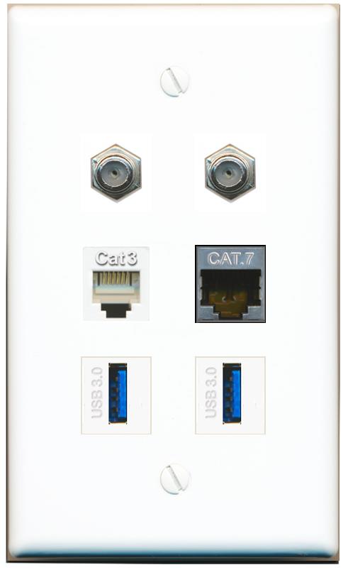  CAT7 2 COAX PHONE 2 USB-3 Flat/Solid Wall Plate [White]