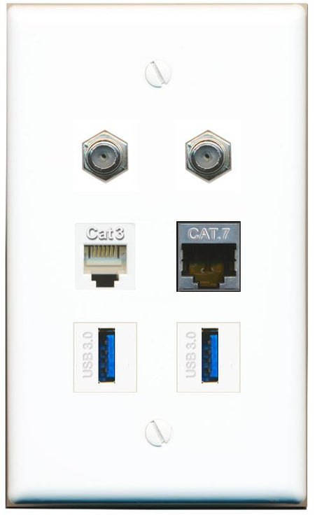  CAT7 2 COAX PHONE 2 USB-3 Flat/Solid Wall Plate [White]