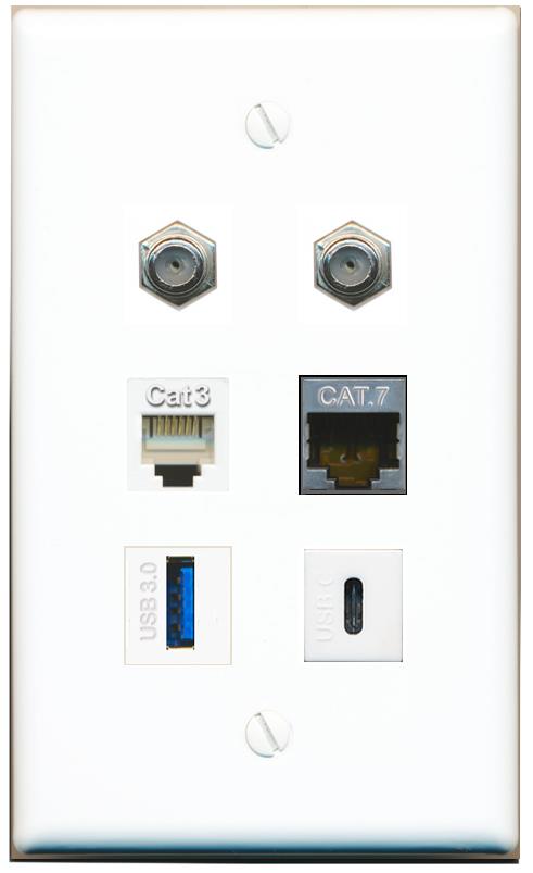  CAT7 2 COAX PHONE USB-3 USBC Flat/Solid Wall Plate [White]