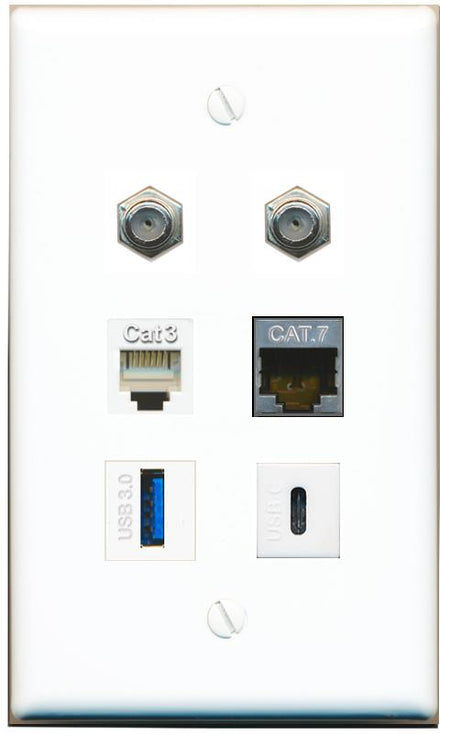  CAT7 2 COAX PHONE USB-3 USBC Flat/Solid Wall Plate [White]