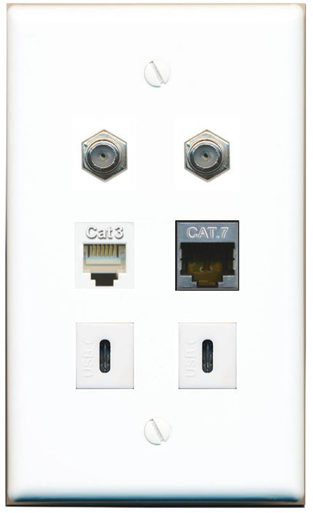  CAT7 2 COAX PHONE 2 USBC Flat/Solid Wall Plate [White]