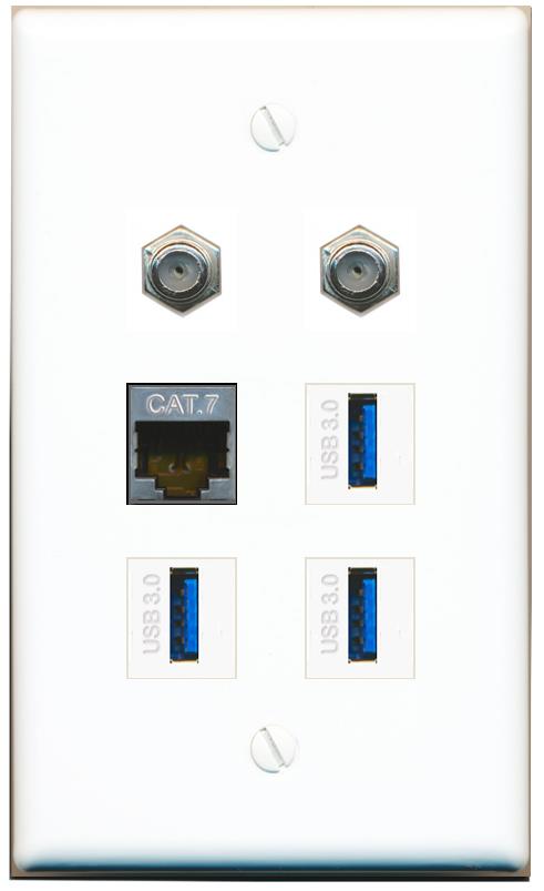  CAT7 2 COAX 3 USB-3 Flat/Solid Wall Plate [White]