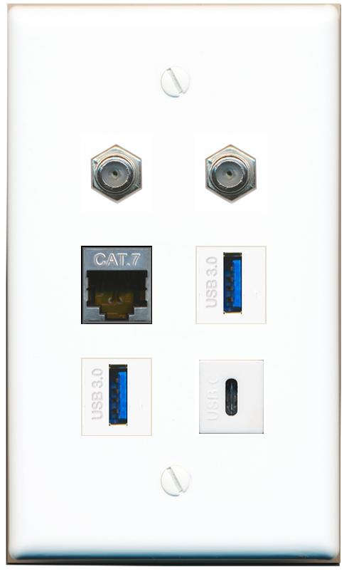  CAT7 2 COAX 2 USB-3 USBC Flat/Solid Wall Plate [White]
