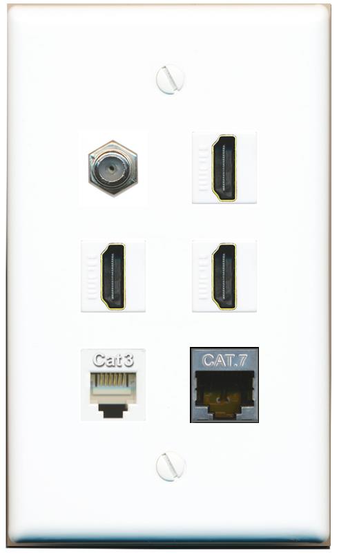  CAT7 COAX 3 HDMI PHONE Flat/Solid Wall Plate [White]