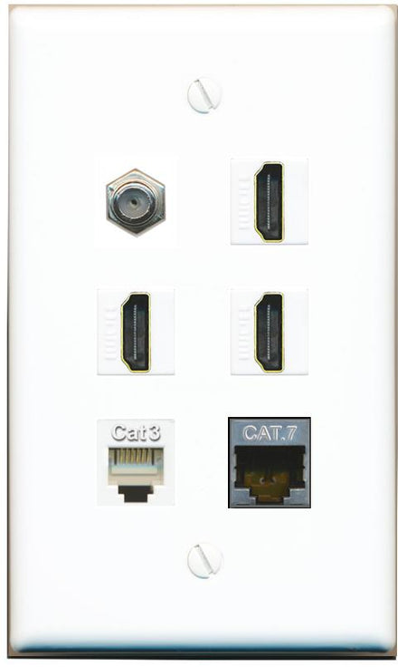  CAT7 COAX 3 HDMI PHONE Flat/Solid Wall Plate [White]
