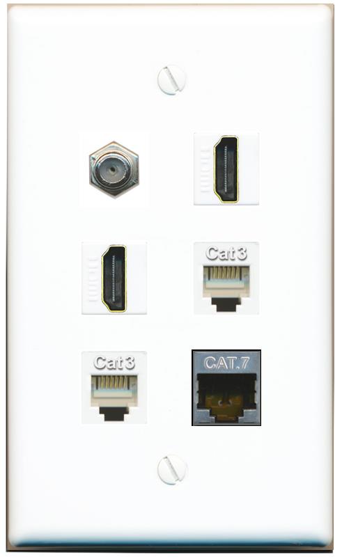  CAT7 COAX 2 HDMI 2 PHONE Flat/Solid Wall Plate [White]