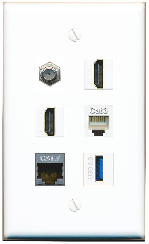  CAT7 COAX 2 HDMI PHONE USB-3 Flat/Solid Wall Plate [White]