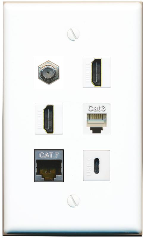  CAT7 COAX 2 HDMI PHONE USBC Flat/Solid Wall Plate [White]